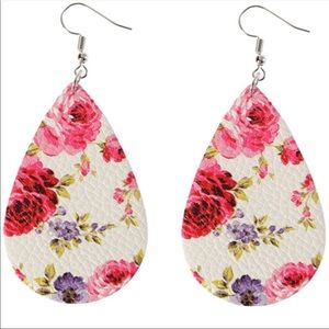 Pink white floral leather drop earrings Nwt